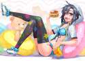 s - 1265644 - 1girl bikini black_hair blush breasts crossed_legs cup eating food food_on_face hamburger happa_(cloverppd) highres holding hoo.jpg