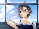 2023749 - 1girl antenna_hair black_hair blue_eyes cloud idolmaster kikuchi_makoto ocean restaint short_hair smile solo.jpg