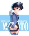 136853 - 1girl alternate_costume antenna_hair ass bangs bare_shoulders black_hair blue_eyes blue_legwear blush character_name copyright_name cosplay cowboy_shot crossed_arms elbow_gloves from_behind gloves headgear ich.jpg