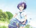 1180933 - 1girl bad_id bag bag_charm basket bicycle bicycle_basket black_hair blouse blue_eyes blue_sky blush grass ground_vehicle idolmaster kasu1192 kikuchi_makoto necktie open_mouth outdoors plaid plaid_necktie plai.jpg