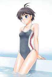 s - 194446 - 1girl antenna_hair bad_id black_hair blue_eyes double_vertical_stripe idolmaster kikuchi_makoto mattaku_mousuke one-piece_swimsu.jpg