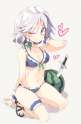 1girl arm_behind_back bangs bikini blue_eyes bow bow_bikini braid commentary_request fingernails food frilled_bikini frills fruit garters hair_bow hand_on_own_chest heart kneeling knife long_fingernails long_n.png