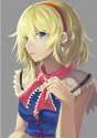 1girl blonde_hair blue_eyes breasts capelet cigarette earrings headband highres jewelry lips lipstick makeup nose short_hair smoke solo touhou wenhe-db3976f3230e57cc64abca6eb193354f.jpg