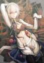 1girl apron arm_up bangs between_legs black_bra black_gloves black_legwear black_ribbon bra collared_shirt cowboy_shot dress_shirt eyelashes food fork fruit gears gloves grapes hair_between_eyes hair_ribbon ho.jpg