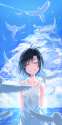 s - 1042736 - 1girl antenna_hair bare_shoulders bird black_hair blue_sky closed_eyes cloud collarbone condensation_trail dress feathers grin.jpg