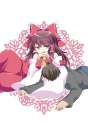 1boy 1girl ascot bow brown_hair detached_hair hair_bow hair_tubes hammer_(sunset_beach) headlock long_hair open_mouth red_eyes skirt smile touhou wide_sleeves-4c2b86b7b06869d9c639896fd4f05688.jpg