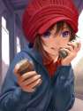 1328775 - 1girl black_hair blue_eyes brown_hair can can_to_cheek canned_coffee grin hat highres holding hood hoodie idolmaster jacket kikuchi_makoto looking_at_viewer nekopuchi plaid short_hair smile solo.jpg