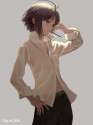 2273625 - 1girl antenna_hair belt black_eyes black_hair idolmaster kikuchi_makoto mouth_hold navel nekopuchi pocky short_hair solo.jpg