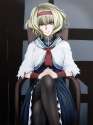 _) 1girl armchair ascot bad_id bangs black_legwear blonde_hair blue_dress blue_eyes capelet chair dress female grin hairband hands_clasped head_tilt indoors legs legs_crossed looking_at_viewer otouto_(caste.jpg