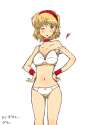 1girl ;d bad_id bangs blonde_hair blue_eyes blush body_blush bra choker collarbone groin hairband hands_on_hips heart hips lingerie midriff navel one_eye_closed open_mouth panties simple_background smile so.jpg
