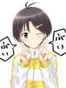 311103 - 1girl antenna_hair black_eyes brown_hair hair_ornament hairclip idolmaster jacket kikuchi_makoto kisugi_akira one_eye_closed smile solo translated v.jpg
