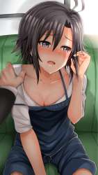 s - 2123520 - 1girl bad_id black_hair blush breasts cleavage collarbone commentary_request couch downblouse hand_in_hair hand_on_another's_sh.jpg