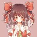... 1girl alternate_hairstyle arm_up ascot bad_id blush bow brown_hair detached_sleeves dress female hair_bow hair_tubes japanese_clothes looking_away miko necktie pasutel red_dress red_eyes shy solo touhou tw.jpg
