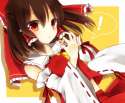 ! 1girl _o ascot bow brown_eyes brown_hair colored detached_sleeves female hair_bow hair_tubes hand_gesture looking_at_viewer midriff money_gesture purin_jiisan ribbon sae_(091688) shadow short_hair simple_bac.jpg
