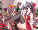 6+girls _3 animal_ears apple arm_support banana black_hair bow caidychen cherry clone detached_sleeves dog_ears dog_tail female food fruit grapes holding holding_fruit japanese_clothes kemonomimi_mode long_hai.jpg