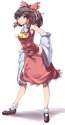 _ 1girl absurdres ascot blush bobby_socks breasts brown_hair detached_sleeves full_body hair_ribbon hair_tubes hand_on_hip highres leaning_forward looking_at_viewer mary_janes orinpachu ponytail red_eyes ribbo.png