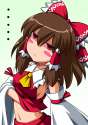 ... 1girl ascot blush_stickers bow brown_hair detached_sleeves expressionless female flat_gaze green_background hair_bow hair_tubes head_tilt jitome navel nori_tamago red_eyes short_hair solo touhou wide_sleev.jpg