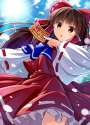 _o 1girl _o ascot bow brown_hair cowboy_shot detached_sleeves dutch_angle hair_bow hair_tubes japanese_clothes long_hair long_sleeves looking_at_viewer miko ofuda red_eyes red_skirt ribbon-trimmed_sleeves ribb.jpg
