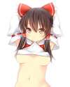 1girl _ arms_behind_head arms_up bow breasts brown_eyes brown_hair detached_sleeves hair_bow hair_tubes long_hair looking_at_viewer mouth_hold navel pantyhose shirt_lift solo tori_(minamopa) touhou und.jpg