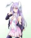 animal_ears blush bra breasts bunny_ears cleavage dress_shirt hairband highres lavender_hair long_hair midriff navel necktie nori_tamago off_shoulder open_clothes open_shirt pleated_skirt rabbit_ears s.jpg