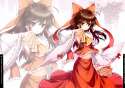 _) 1girl absurdres an2a arm_up armpits ascot bangs bow brown_hair female fixed hair_bow hair_ribbon hair_tubes highres lips long_hair midriff navel ofuda red_eyes ribbon scan smile solo touhou wide_sleeves zoo.jpg