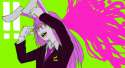 !! 1girl animal_ears arms_up black_legwear blazer bust crescent crescent_moon dress_shirt finger_gun green_background hands_up jacket kangae-chuu long_hair long_sleeves moon necktie open_mouth pointing.jpg