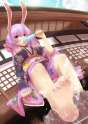 absurdres animal_ears barefoot breasts eating feet from_below highres japanese_clothes kimono legs long_hair looking_down popsicle purple_hair rabbit_ears red_eyes ribbon senbon_tsuki sitting soaking_f.jpg