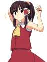 _ 1girl _o adjusting_hair armpits ascot bare_arms blush brown_hair dressing hair_tie hair_tubes leon_(mikiri_hassha) leon_7 looking_at_viewer ponytail red_eyes sarashi shirt skirt skirt_set sleeveless sleevele.png
