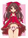 1boy androgynous bare_shoulders blush bow brown_hair bulge crossdressing detached_sleeves dress dress_lift erection erection_under_clothes genderswap hair_bow hair_tubes haruna_mahiru highres long_hai.jpg