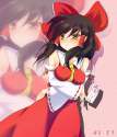 _ black_hair blush bow breast_lift breasts character_name elbow_gloves hair_bow japanese_clothes miko nigou_(aozoragarou) ofuda orange_eyes short_hair shrine_maiden solo touhou zoom_layer-df2dd317ce1fa99d40803.jpg