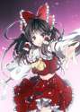 1girl ascot black_hair bow brown_eyes detached_sleeves hair_bow hair_tubes long_hair matsuda_(louol) outstretched_hand solo touhou-fdc1f80d947bd23bfe2f744faef69224.jpg