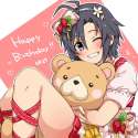 s - 2172002 - 1girl antenna_hair black_hair flower food fruit hair_flower hair_ornament hair_ribbon idolmaster kikuchi_makoto one_eye_closed.jpg