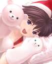 358556 - 1girl antenna_hair blue_eyes brown_hair hand_puppet hat idolmaster kikuchi_makoto mittens nekopuchi plaid puppet purple_eyes santa_hat short_hair smile solo.jpg