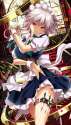 1girl apron bow braid clock cowboy_shot head_tilt holding holster jpeg_artifacts knife looking_at_viewer maid maid_apron maid_headdress moneti_(daifuku) pocket_watch railings red_eyes silver_hair smile solo st.jpg