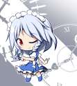1girl ;) apron blue_eyes bow bowtie braid chibi clock knife looking_at_viewer maid maid_headdress one_eye_closed puffy_sleeves red_eyes ribbon senba_chidori short_hair short_sleeves silver_hair skirt smile sol.jpg