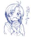 978199 - 1girl ahoge eating face food hamburger heebee idolmaster idolmaster_2 kikuchi_makoto looking_at_viewer monochrome open_mouth reverse_trap short_hair solo upper_body wide-eyed.jpg