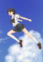 s - 458035 - 1girl antenna_hair bad_id black_hair brown_eyes cloud idolmaster jumping kabaya_kousuke kikuchi_makoto namesake parody school_un.jpg