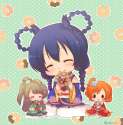 s - 3030434 - ^_^ angelic_angel bangs bare_shoulders blue_hair blush bow braid brown_eyes brown_hair chibi doughnut dress eating e.png