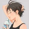 s - 545718 - 1girl androgynous antenna_hair black_hair bottle closed_eyes droplet grey_background hand_to_head hands idolmaster kikuchi_makot.jpg