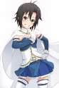 s - 1163880 - 1girl antenna_hair armband belt black_hair blue_eyes buckle cape cosplay detached_sleeves grin hand_on_hip highres idolmaster k.jpg