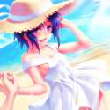 s - 1151321 - 1girl beach black_hair blue_hair blush breasts cleavage dress happy hat holding_hands idolmaster kikuchi_makoto off_shoulder op.png