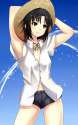 870997 - 1girl black_hair dress_shirt green_eyes hat idolmaster idolmaster_2 kikuchi_makoto navel shirt short_hair shorts solo tog_(shoten) water.jpg
