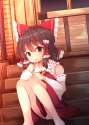 1girl bare_shoulders beni_shake bow box brown_eyes brown_hair detached_sleeves donation_box dress hair_bow hair_tubes hakurei_shrine long_sleeves looking_at_viewer panties pantyshot pantyshot_(sitting) red_dre.jpg
