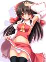1girl absurdres armpits bare_shoulders black_hair black_legwear breasts detached_sleeves female hair_ribbon hair_tubes highres liya navel panties pantyshot red_eyes ribbon sideboob skirt skirt_lift sol.jpg