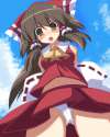 1girl _o ascot bad_id bare_shoulders bow brown_eyes brown_hair detached_sleeves female from_below hair_bow hair_tubes highres long_hair naotaka navel open_mouth panties pantyshot skirt sky solo touhou.jpg