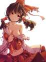 1girl bow breasts brown_eyes brown_hair cleavage detached_sleeves hair_bow hair_tubes long_hair long_sleeves midriff off_shoulder re_lucy shirt simple_background skirt skirt_set solo touhou white_backg.jpg