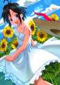 s - 1197635 - _d 1girl antenna_hair bad_id black_hair blue_sky breasts cleavage cloud collarbone dress dutch_angle flower frills hat hat_remo.jpg
