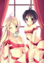 1138563 - 2girls ahoge bad_id bare_shoulders black_hair blonde_hair blush breasts brown_eyes cleavage green_eyes hoshii_miki idolmaster kikuchi_makoto long_hair looking_at_viewer m_xxh midriff multiple_girls naked_ribb.png
