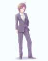 1267164 - 1girl antenna_hair bad_id blue_background brown_eyes brown_hair business_suit crossdressing dress_shirt formal full_body hand_in_pocket idolmaster jacket kikuchi_makoto long_sleeves looking_away mizuoka_(curr.jpg