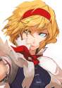 1girl blonde_hair blue_dress blue_eyes capelet dress hairband looking_at_viewer shirt short_hair short_sleeves simple_background solo totteri touhou white_background-51ce4a1d11287474139bd055c86c3ba5.jpg